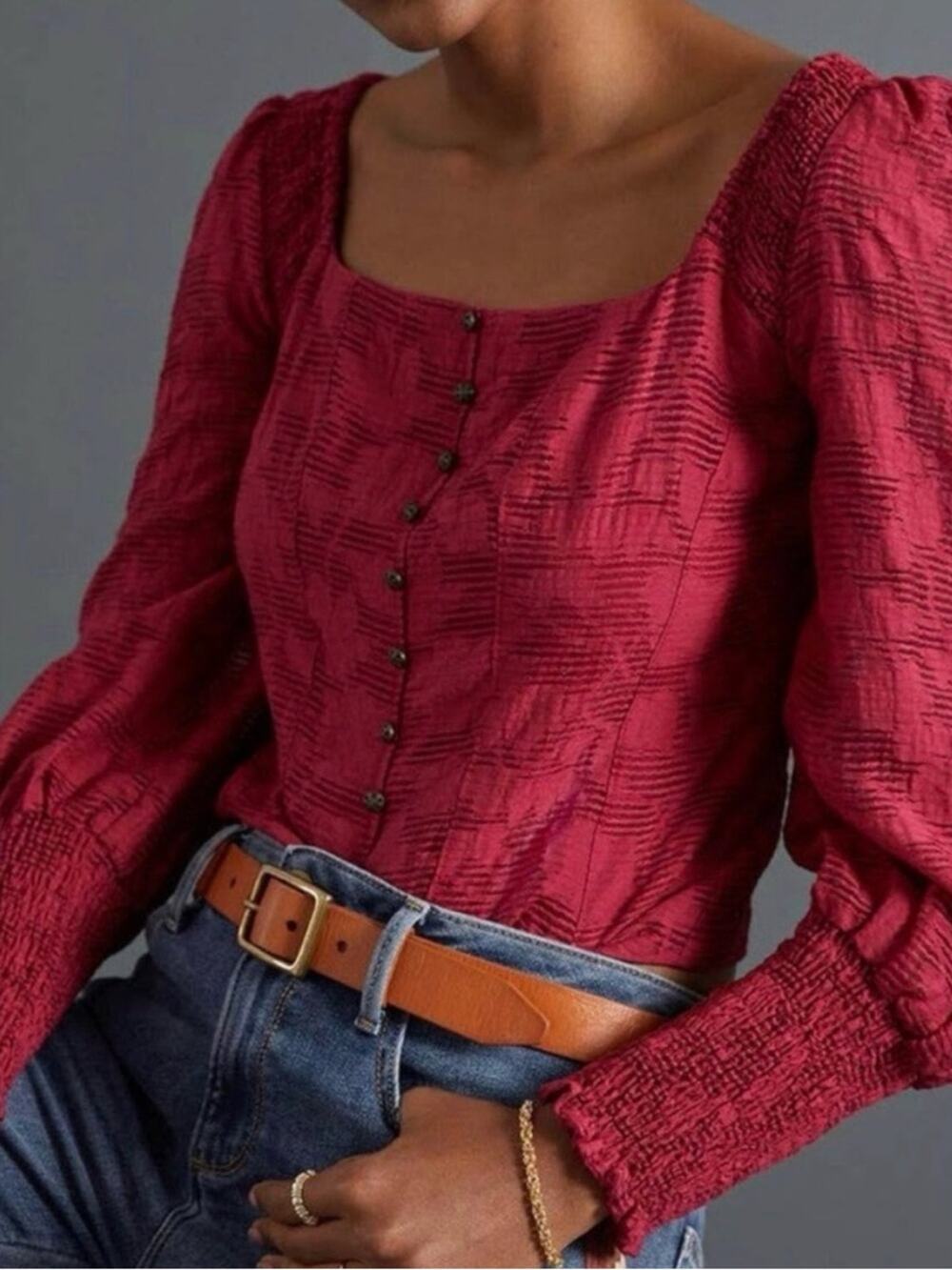 ANTHROPOLOGIE Raspberry Romance Puff Sleeve Button Up Corset Style Top Boho Sz M